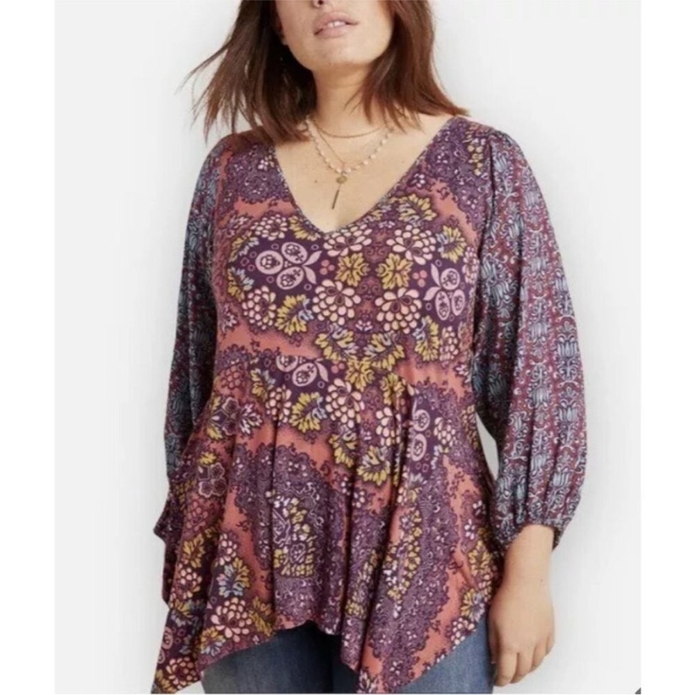 Maeve Anthropologie Summerset Boho Floral Blouse Mixed Print Handkerchief Hem M